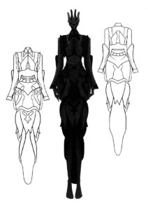 No.17【アパレルデザイン科2年 オー アテキ】<br>漆黒の夜、帰り道で見た小動物の亡骸から生命の儚さを感じた。毛皮や骨の残骸をモチーフに、消滅と永遠への渇望を表現。無彩色と枯れゆく美で、脆さと強さの共存を描く。