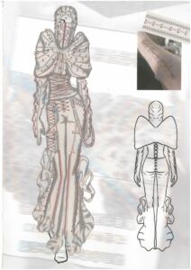 No.16【アパレルデザイン科3年 ショウ シン】<br>煙箱の病変肺と手術後の戒煙経験を重ねる。肺葉構造の上衣に毛糸を通し縫合痕を表現し、気管のようなファスナーが呼吸経路を示す。ポケットは煙箱型、袖は手術用手袋から着想し分離構造とした。異素材と金属ビスで、喫煙により損なわれた身体の変化と拘束を象徴し可視化する。