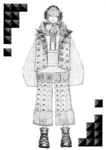 No.5【愛知文化服装専門学校 大橋 茜】<br>吸音材を纏うことができたら、どこにも発散することのできない心の叫び声を少し吸い取ってくれる気がして、落ち着くだろうと思った。 シアーの生地に吸音材を一欠片ずつ閉じ込め、立体的なテキスタイルを作成。 リラックス感のあるシルエットにもこだわりました。