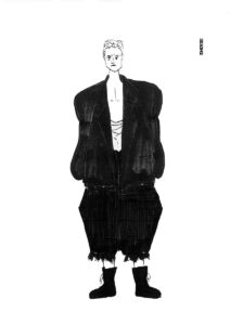 No.13【服装科2年 クリストファー フンキタ】<br>昨今の不安定な世界情勢から 見せかけの強さ、見た目だけ威圧的で中身のない様子を表現した。大きな権力で周り威圧する外面を シルエットを誇張したデザイン。不安定で実体がない内面をスタイリングで表現した。