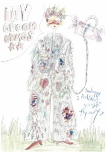 No.19【ファッション高度専門士科4年 桂 日向映】<br>隣の芝がついつい青く見えてしまうけれど、わたしの芝が 1 番青くて可愛い。内向きのポジティブさを大切にしたいという気持ちを込めて、見逃してしまいそうなくらいに小さな少女のときめきたちからインスピレーションを受けデザインに落とし込みました。