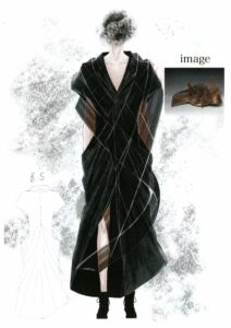 No.3【アパレルデザイン科2年 菅原 皐希】<br>日本の伝統工芸品である竹工芸をテーマにしてデザインしました。竹工芸の特徴として竹のしなりやすさ、湾曲はドレープで表現し、周りの装飾は細いボーンを使用しそこに薄い素材をあてて竹工芸を表現普段でも着れるように装飾は取り外し可能にしました。